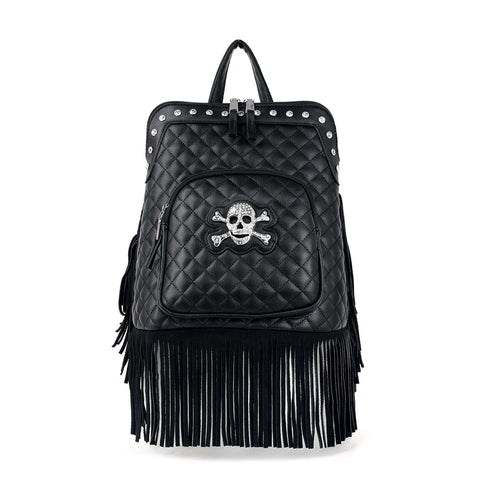 Fringed Skull Quilted Fashion Backpack - Black Vegan Leather
