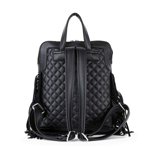 Fringed Skull Quilted Fashion Backpack - Black Vegan Leather