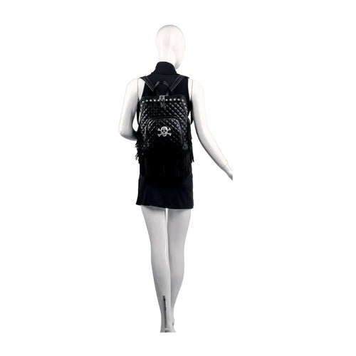 Fringed Skull Quilted Fashion Backpack - Black Vegan Leather