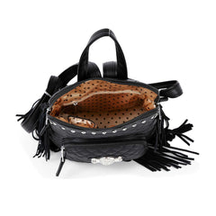 Fringed Skull Quilted Fashion Backpack - Black Vegan Leather