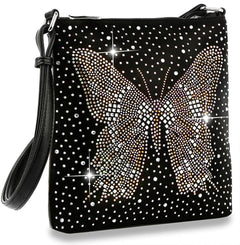 Rhinestone Butterfly Crossbody Sling - Black Vegan Leather
