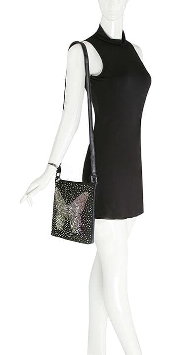 Rhinestone Butterfly Crossbody Sling - Black Vegan Leather