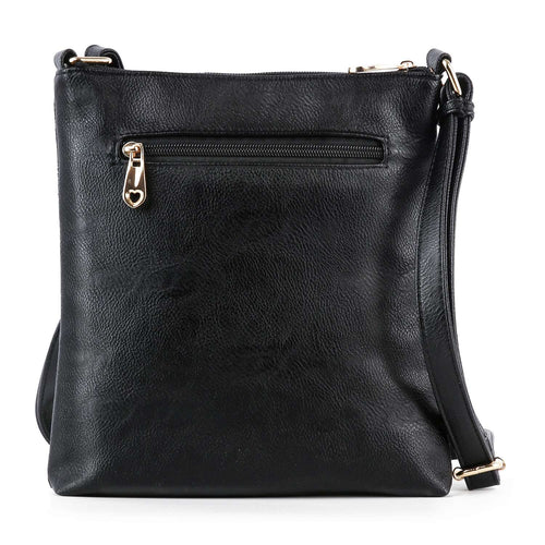 Back view of black crossbody bag with zip pocket