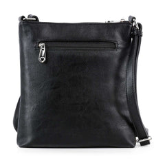 Black leather crossbody bag on a white background