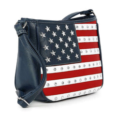 Side angle of the patriotic flag purse showing the blue vegan leather texture and adjustable shoulder strap.