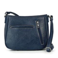 Back view of the blue vegan leather bag showing the secure vertical zip conceal-carry pocket and horizontal slip pocket.