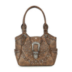 Front view of The Desert Rose brown vegan leather shoulder bag featuring intricate Western embroidery and a large silver buckle.