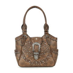 Front view of The Desert Rose brown vegan leather shoulder bag featuring intricate Western embroidery and a large silver buckle.