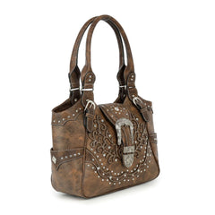 Side profile of the Desert Rose handbag highlighting the dual slip pockets and silver hardware accents.