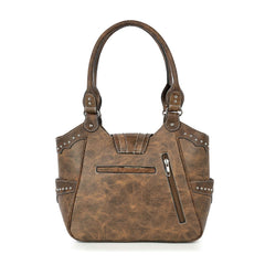 Back view of the Western shoulder bag showing the secure dual-zip conceal-carry pocket in premium brown vegan leather.