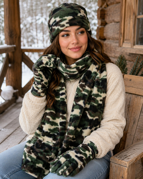 A woman wearing a matching camouflage fleece beanie, scarf, and gloves sits on a wooden porch in a snowy outdoor setting.
