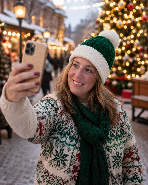 A woman taking a selfie at a festive Christmas market, wearing a green and cream knit beanie with a pom-pom, a green knit scarf, and a cream knit sweater with a green and red snowflake pattern.