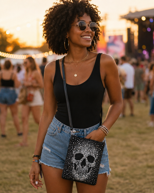 Woman at a music festival wearing a black tank top and denim shorts, holding a skull-patterned bag.