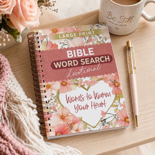 Bible Word Search devotional book with floral design on a wooden surface with a mug and pen.