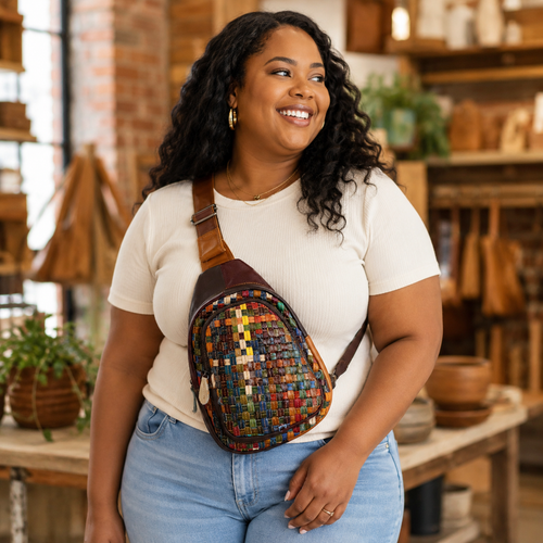 Woman with a colorful woven bag in a rustic setting