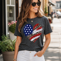 Dark heather grey Flag Heart Graphic Tee with American flag heart graphic and leopard print accents on model.