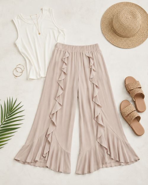 Flowy Ruffle Edge Rayon Crepe Pants