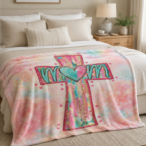 Mom Cross Heart Fleece Throw Blanket