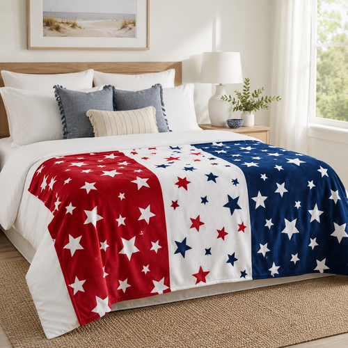 Patriotic stars fleece throw blanket spread across a neatly styled bed in a bright bedroom with white bedding and blue accent pillows.