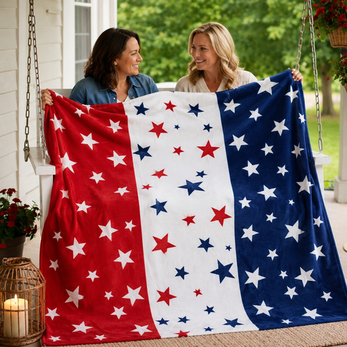 Two women holding up a red, white, and blue patriotic stars fleece throw blanket on a porch swing in a cozy outdoor setting.