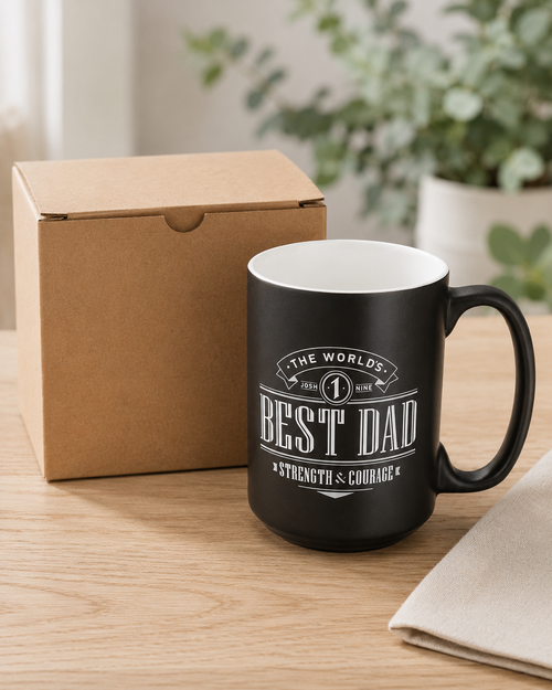 Black Best Dad coffee mug displayed beside a plain tuck-top Kraft cardboard gift box.