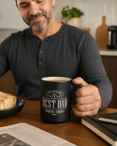 Dad holding a black Best Dad Strength and Courage mug during a cozy morning coffee moment.
