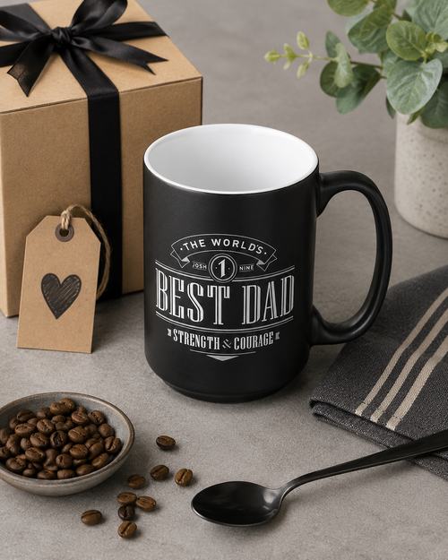 Best Dad ceramic mug styled with coffee beans, gift box, tag, spoon, and neutral Father’s Day accents.