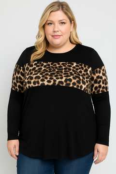 Plaid Detail Long Sleeve Top — Leopard, White Plaid, or Green Plaid (1XL–3XL)