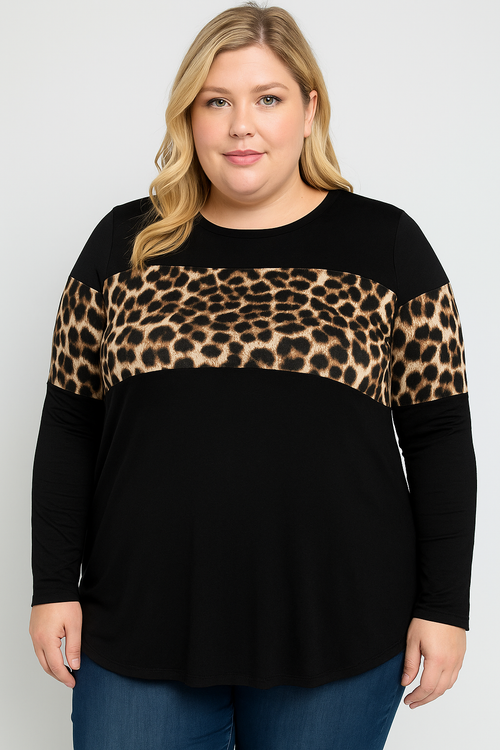 Plaid Detail Long Sleeve Top — Leopard, White Plaid, or Green Plaid (1XL–3XL)