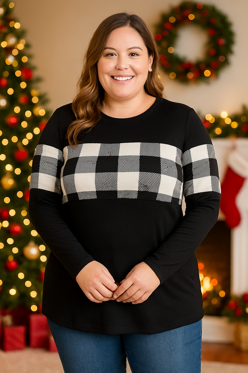 Plaid Detail Long Sleeve Top — Leopard, White Plaid, or Green Plaid (1XL–3XL)