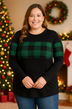 Plaid Detail Long Sleeve Top — Leopard, White Plaid, or Green Plaid (1XL–3XL)