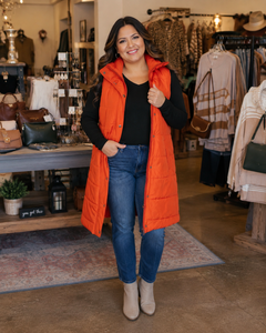 Harlow Long Puffer Vest – Pumpkin
