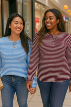 Striped Button Detail Long Sleeve Top