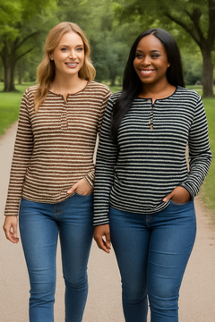 Striped Button Detail Long Sleeve Top