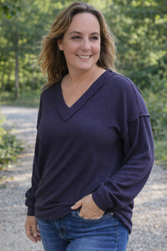 Double Take Exposed Seam Ribbed Textured V-Neck Long Sleeve T-Shirt