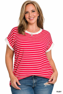 Zenana Contrast Trim Cap Sleeve Stripe Tee β Ruby
