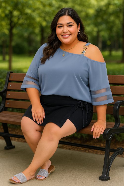 Boho Glam One-Shoulder Mesh Sleeve Tunic – Black, White, or Blue Grey (S–XL)