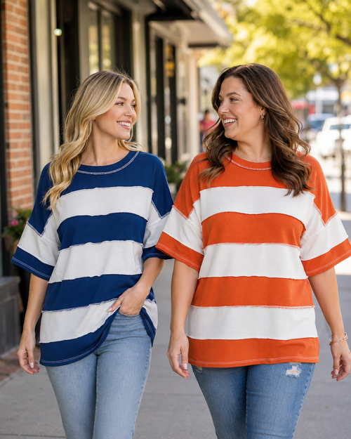 Zenana Easy Days French Terry Striped Exposed Seam Top