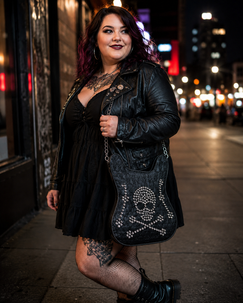 Woman in a black leather jacket with a skull design bag on a city street at night.