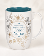 White ceramic Great Nurse mug with glossy teal interior, teal lettering, and delicate gold floral design.