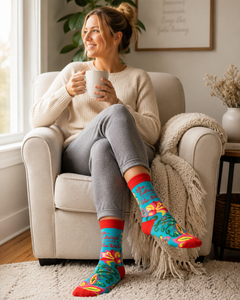 Woman sitting in a cozy armchair by a window holding a mug and wearing bright turquoise floral crew socks with red accents and the phrase She Believed She Could, So She Did.