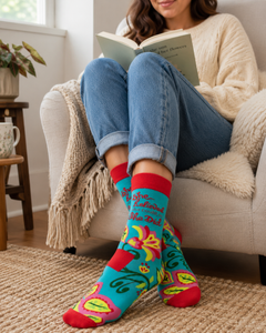 Woman relaxing in a chair with rolled jeans and a book, wearing turquoise and red inspirational crew socks with a floral design and the phrase She Believed She Could, So She Did.