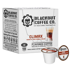 Blackout Coffee Co. Climax flavored coffee package with a single serve cup on a white background