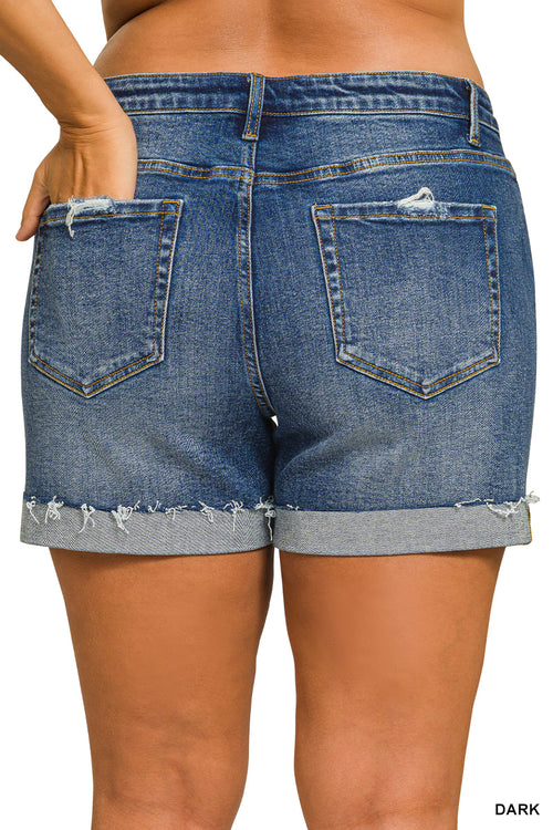 Distressed Cuffed Raw Hem Denim Shorts