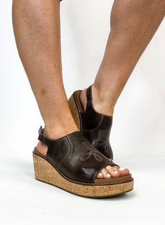 Corky’s “Most Wanted” Sandals – Espresso Crinkle Western Wedge (Sizes 7–11)