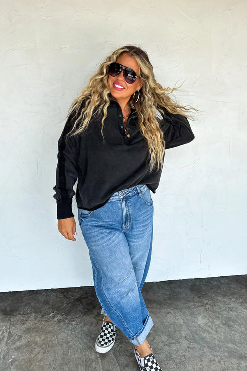 Longer Length Marley Snap Button Sweatshirt – Vintage Black, Magenta, Rust & Grey