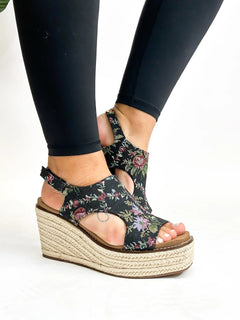 Corkys Floral Dreams Platform Wedge – Black or Rust Braided Espadrille Sandals (Sizes 7–11)
