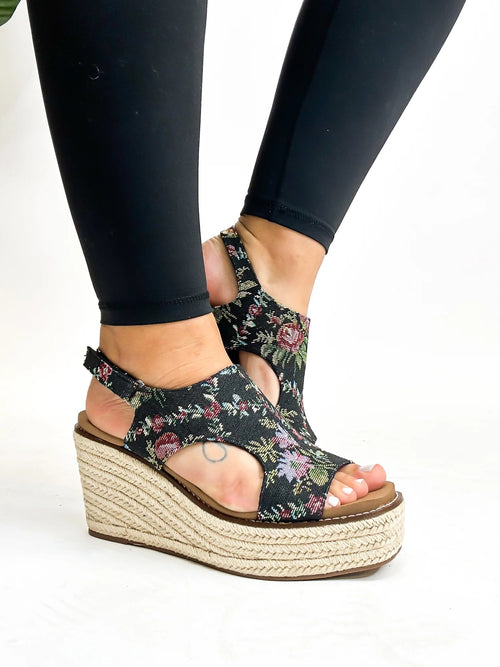 Corkys Floral Dreams Platform Wedge – Black or Rust Braided Espadrille Sandals (Sizes 7–11)