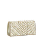 Gold pearl beaded rhinestone clutch evening bag angled side view