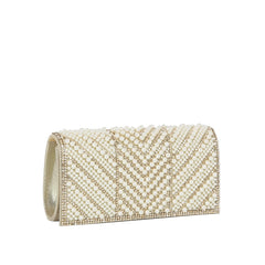 Gold pearl beaded rhinestone clutch evening bag angled side view